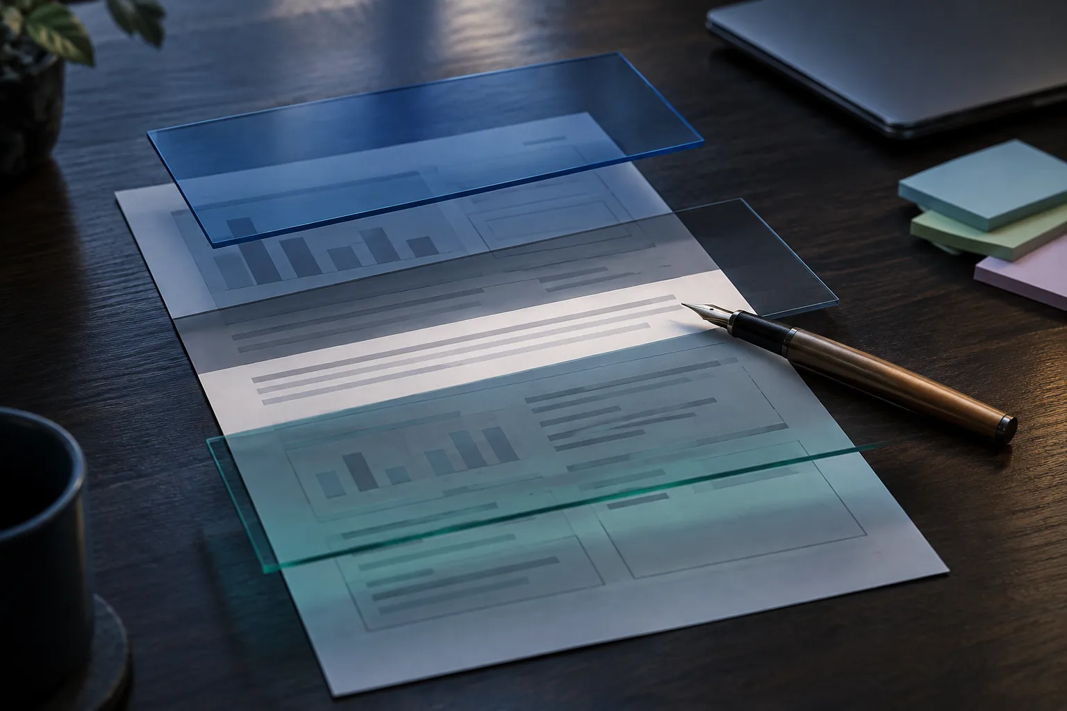 A printed sprint report on a dark desk with three tinted glass panes hovering over most of it. One bright strip of the page is left uncovered, and a bronze fountain pen rests beside it, pointing at the gap.