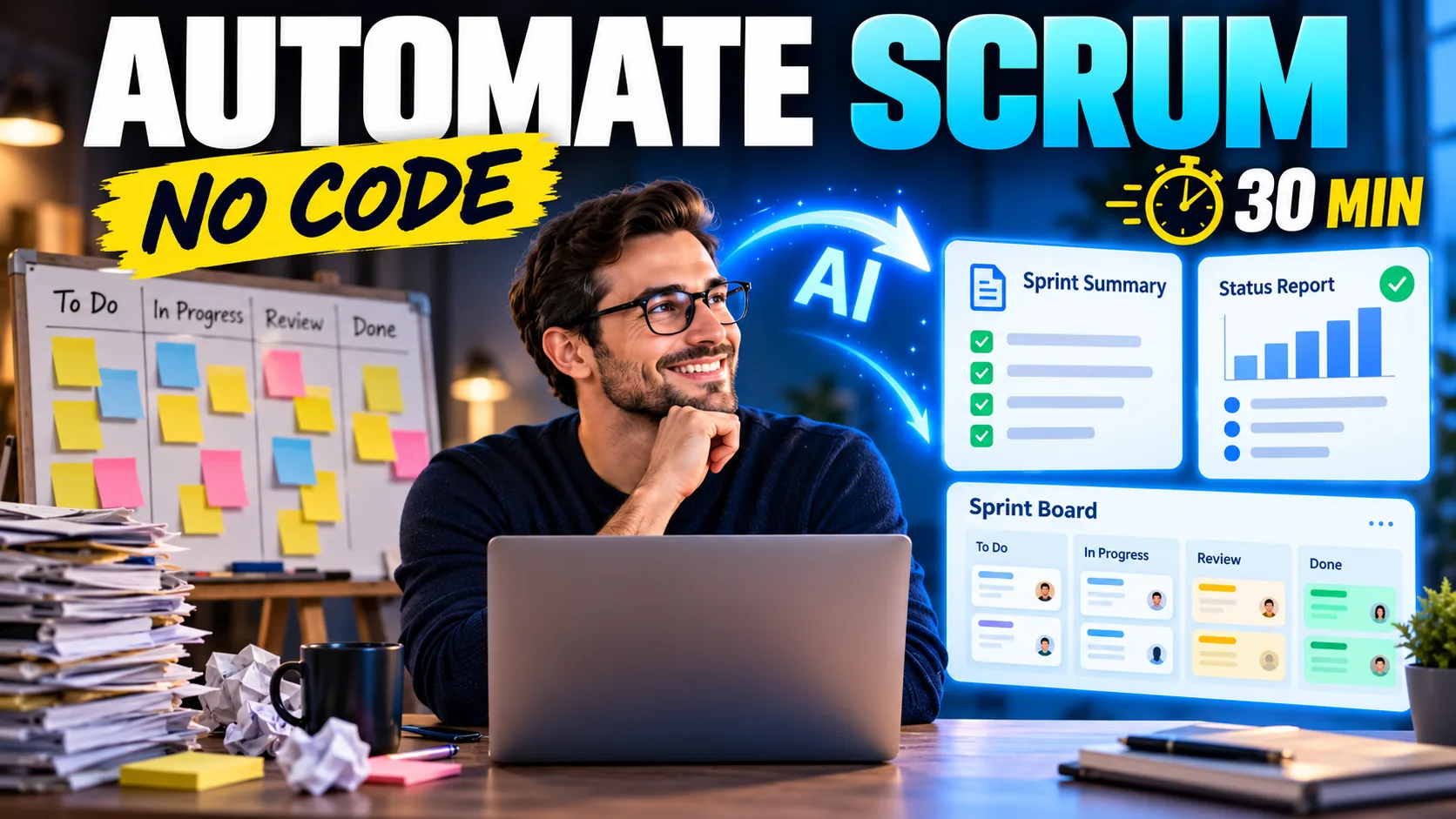 Automate Scrum, no code, 30 minutes: a smiling project manager at a laptop, with a sticky-note board and paper stacks on one side and AI-generated sprint summary, status report and sprint board cards on the other.