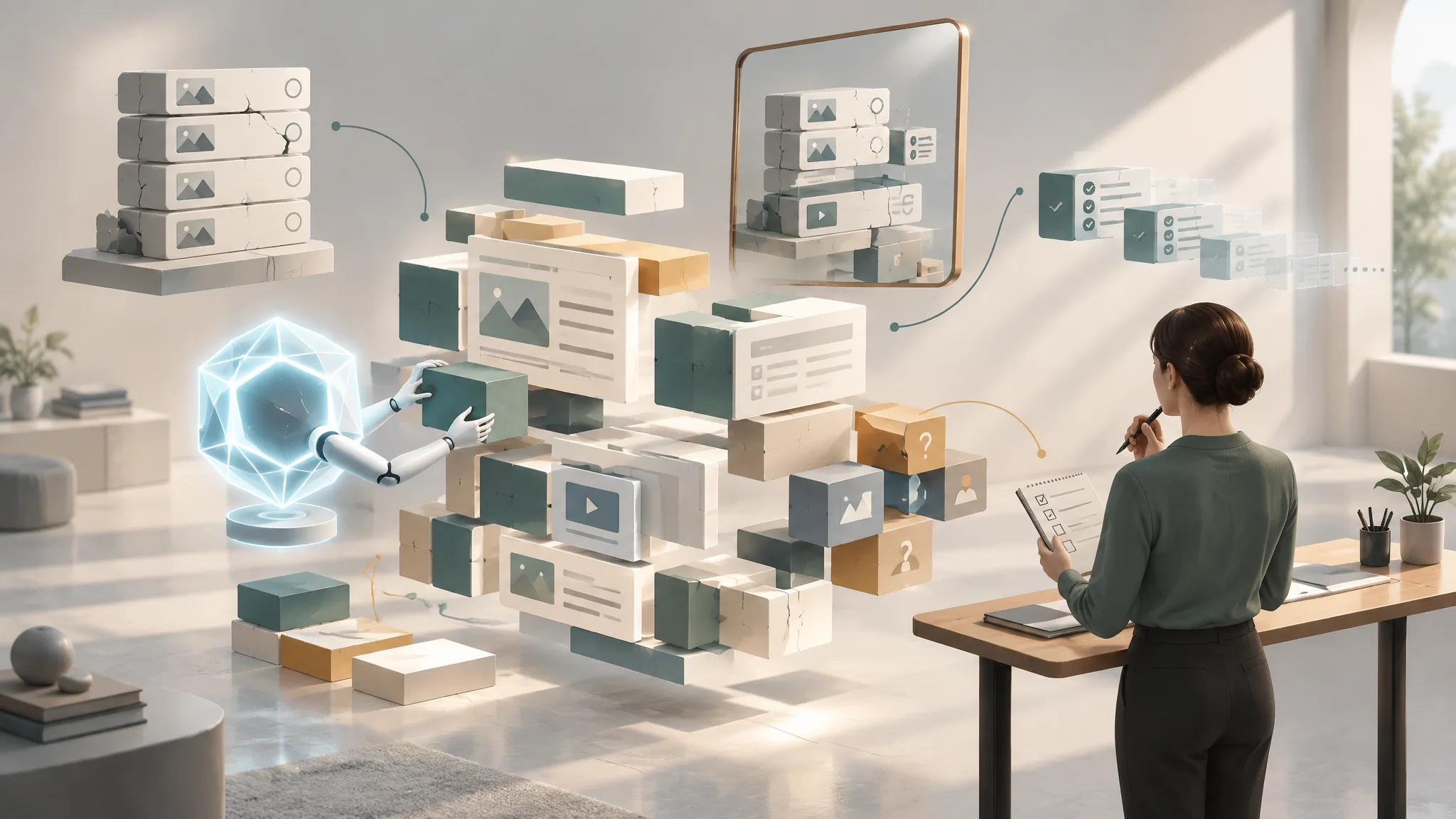 An AI assembles a tower of blocks, some cracked, beside a mirror reflecting the same stack and boxes marked with question marks, while a person reviews a checklist nearby.