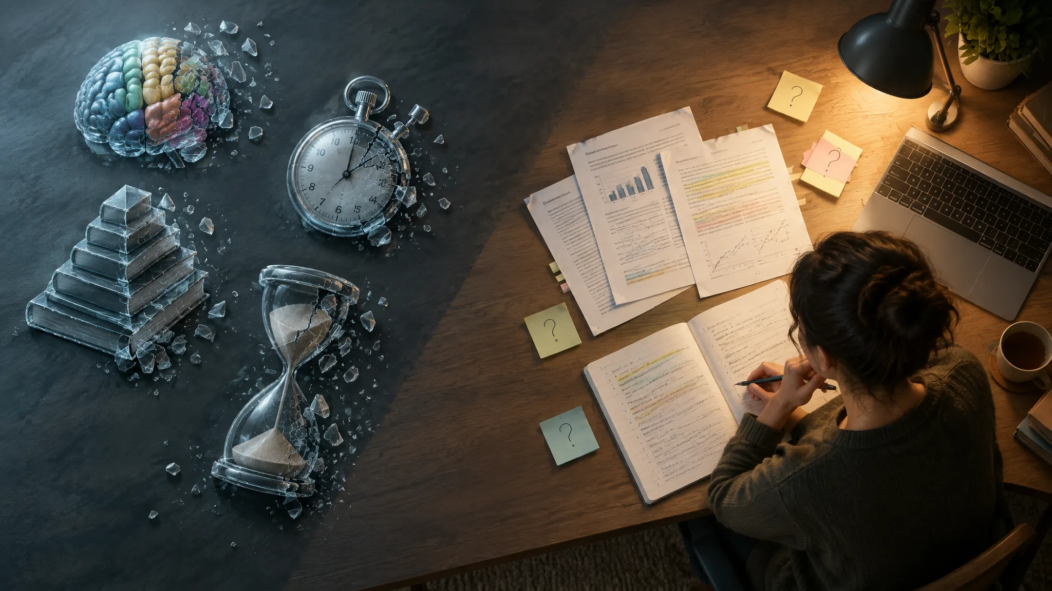 A cracked glass brain, pyramid, stopwatch and hourglass on dark slate beside a learner at a lamp-lit desk working through notes and question-marked sticky notes