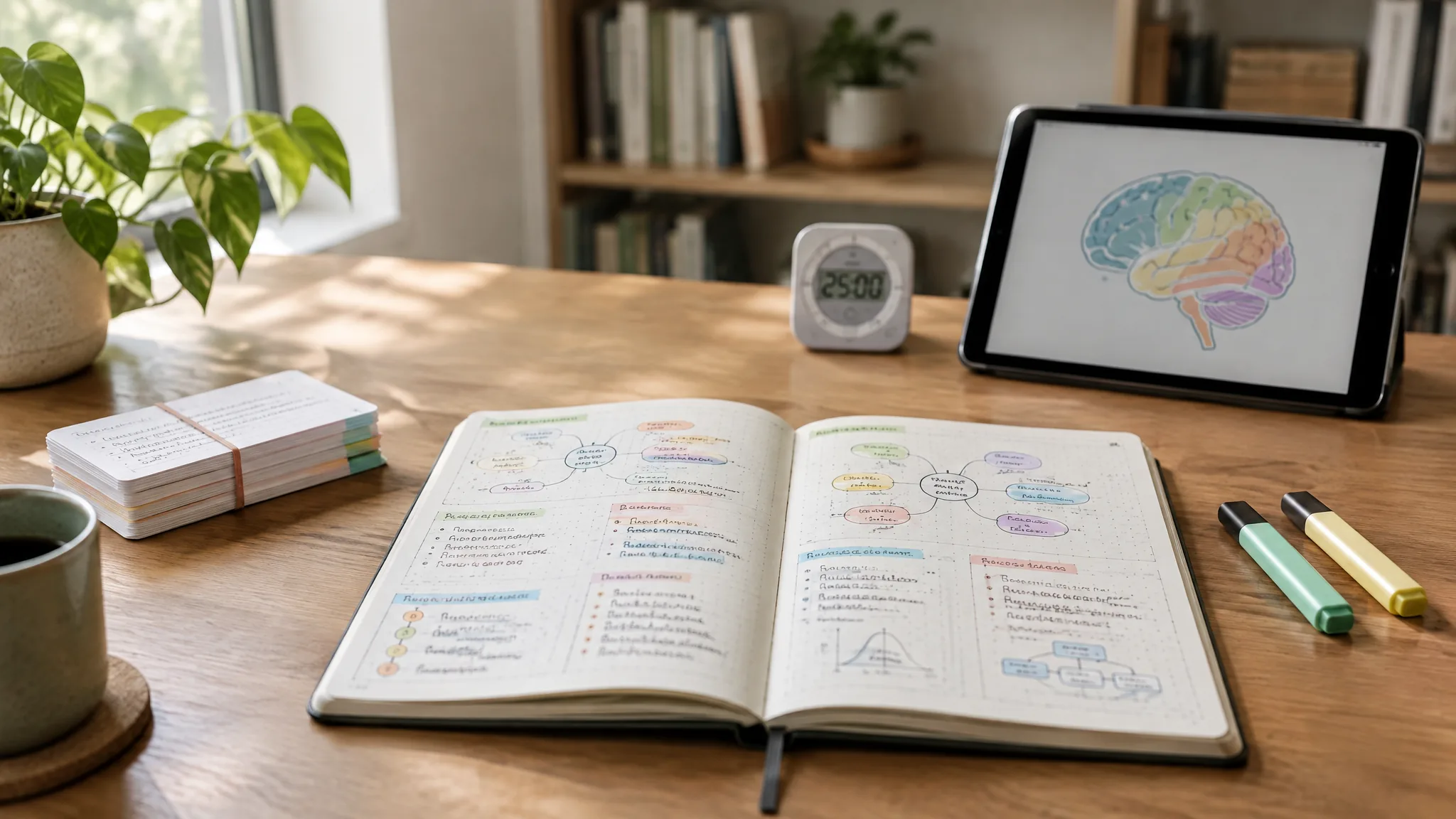 A wooden desk in daylight with an open notebook of colour-coded diagrams, a stack of index cards, a tablet showing a brain diagram, two highlighters and a small desk timer