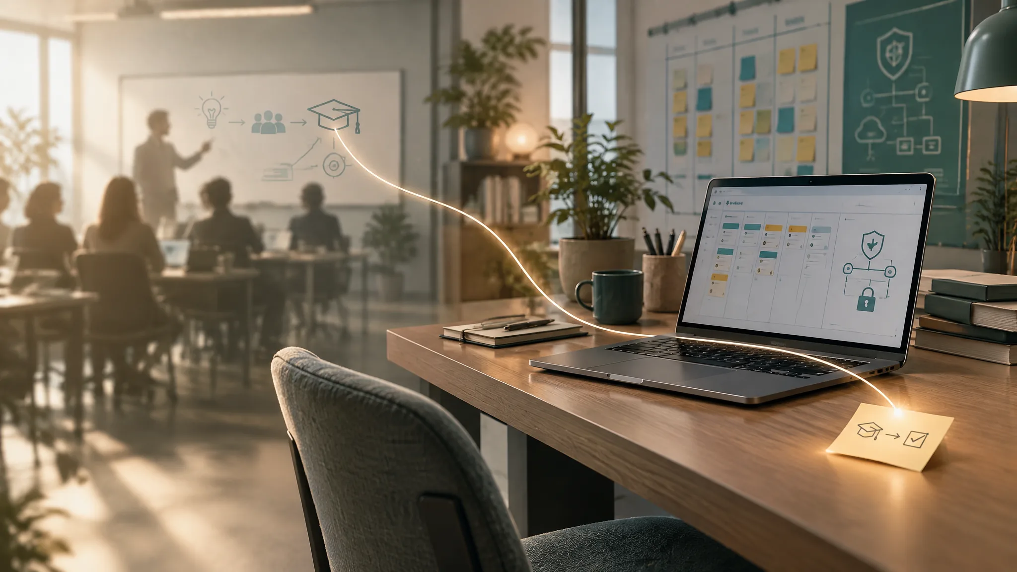A thread of light running from a training session at the back of an office to a sticky note on a desk beside a laptop showing a task board