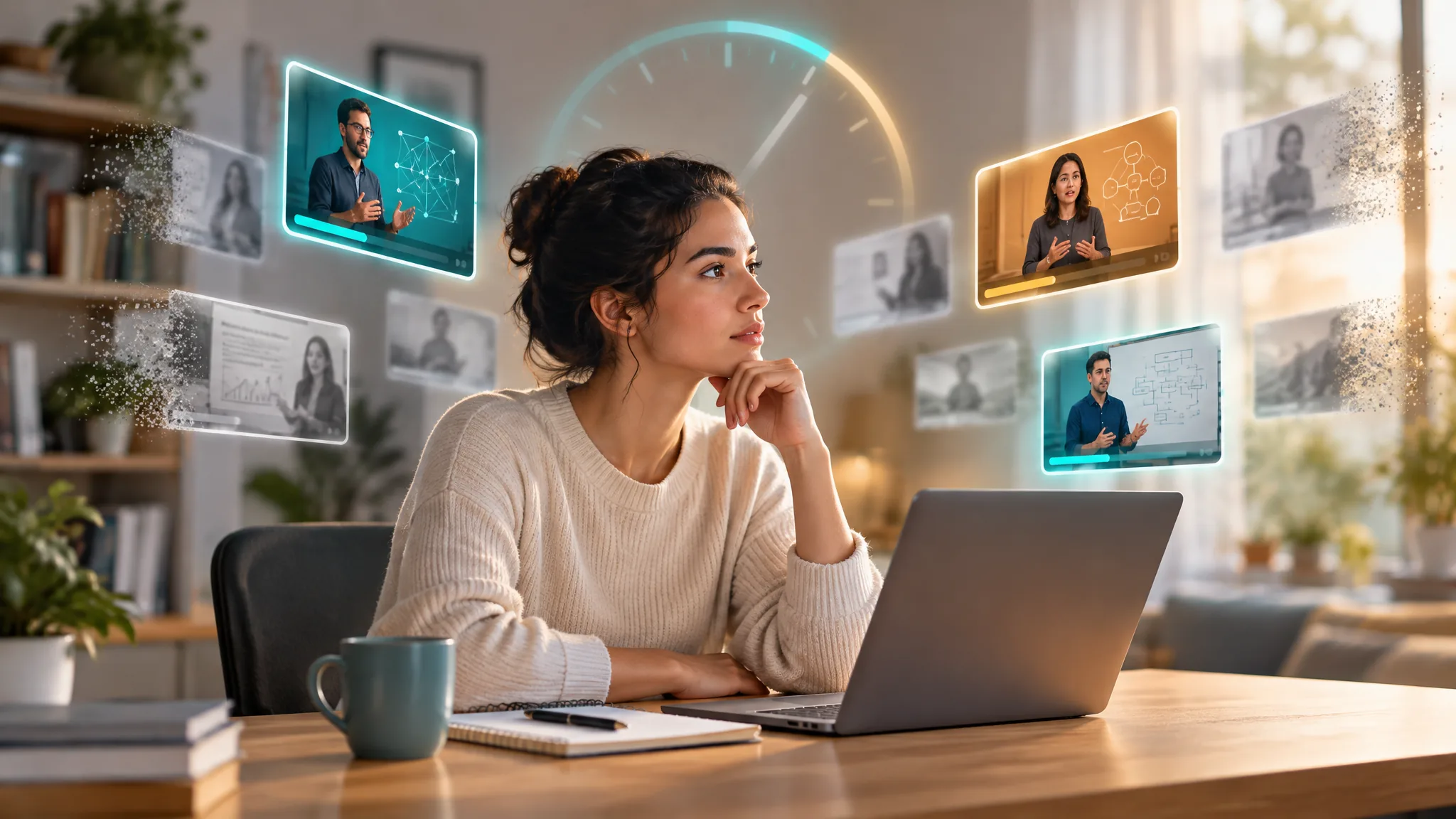 A learner at a laptop thinking, as floating lecture thumbnails around her fade or light up while she decides which to watch