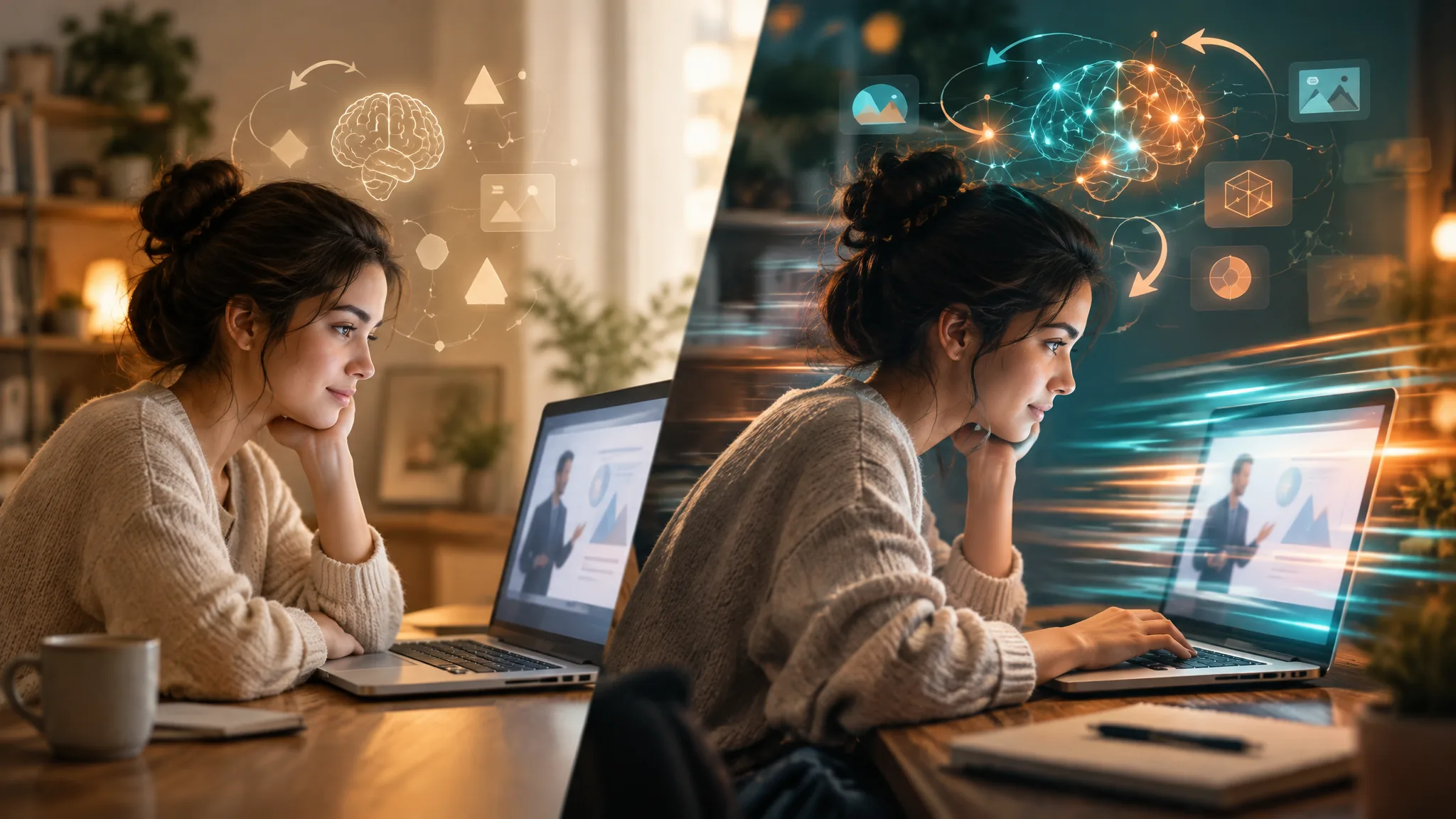 The same learner at a laptop shown twice: on the left calm, with a few simple ideas floating above her, on the right with streaks of motion and a busy swirl of ideas as the lecture speeds up