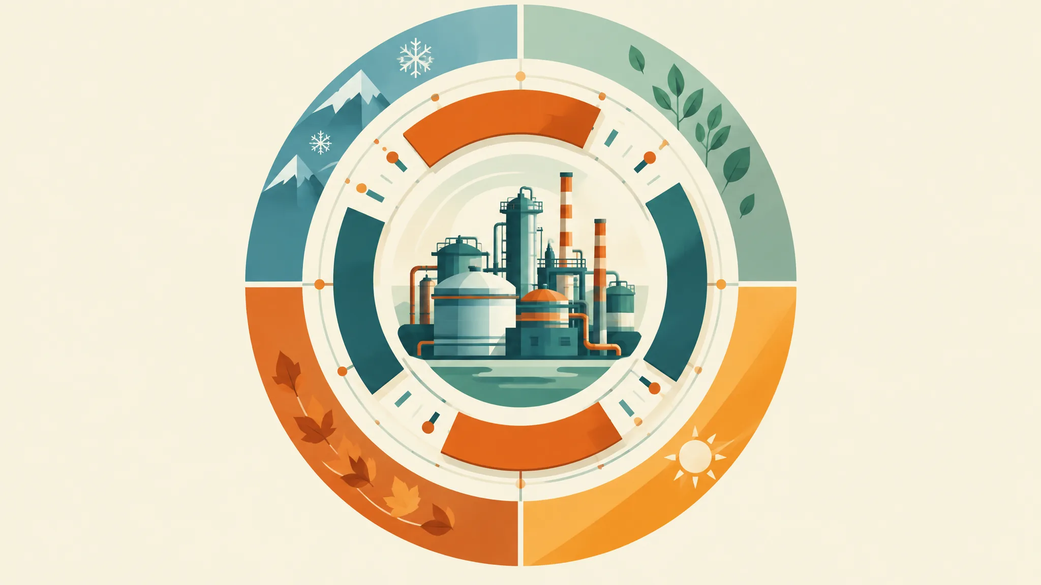 Flat vector illustration of an industrial plant with tanks and striped chimneys at the centre of a circular calendar wheel, ringed by teal and orange outage arcs and four season segments marked by snowflakes, leaves, a sun and autumn leaves