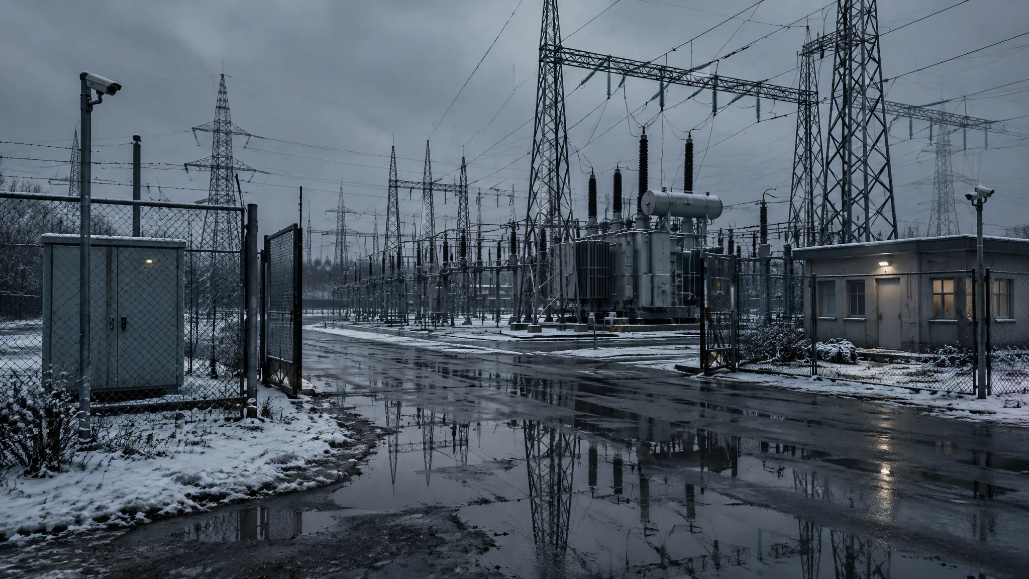 A high-voltage substation on an overcast winter evening, snow on the ground, an open gate and wet road reflecting the transmission towers, with a lit control building and security cameras on poles