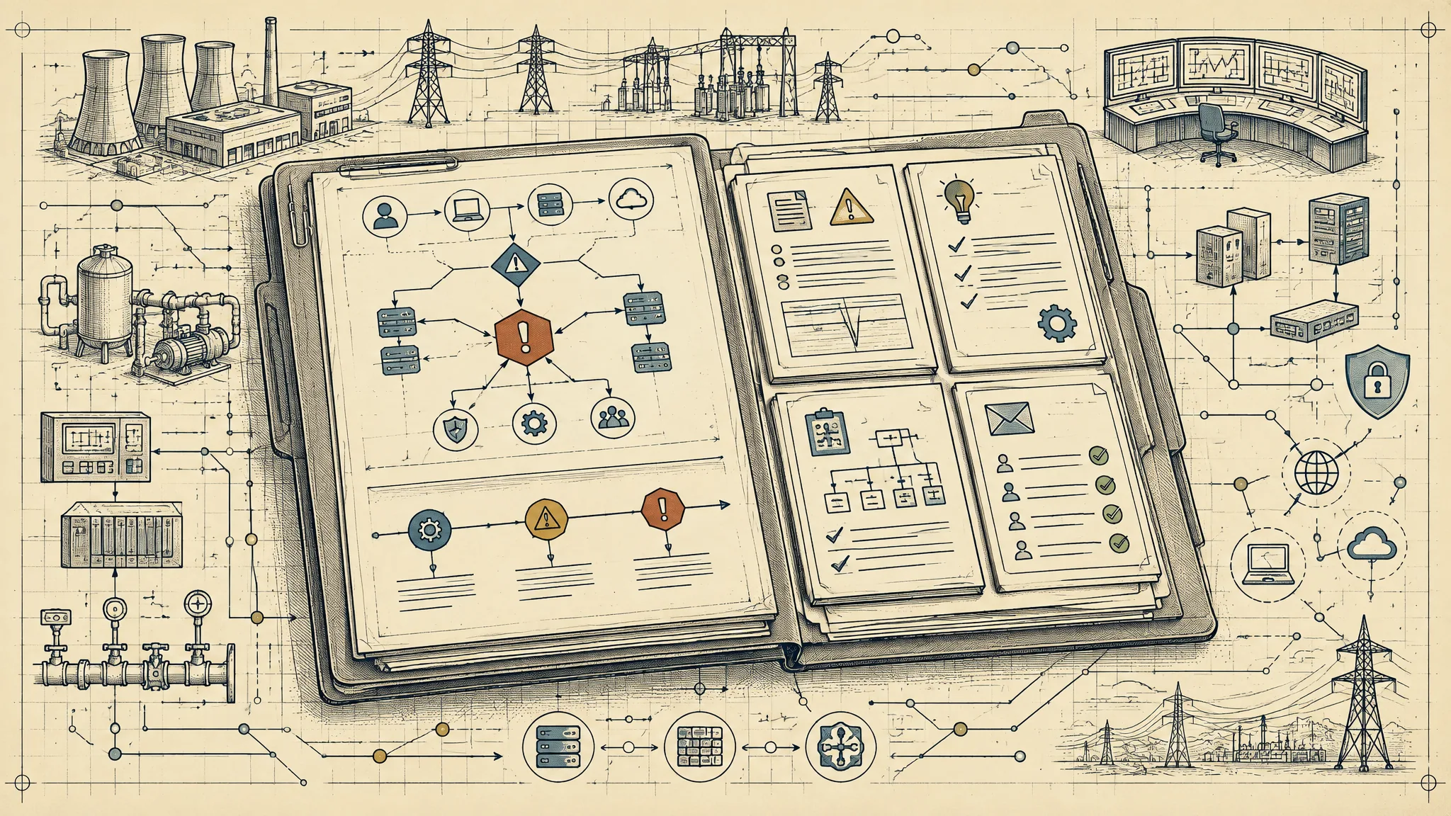 Engraving-style blueprint on cream paper of an open incident file folder holding an escalation diagram, a timeline and record sheets, surrounded by power plant, transmission towers, pumps, a control room and network equipment