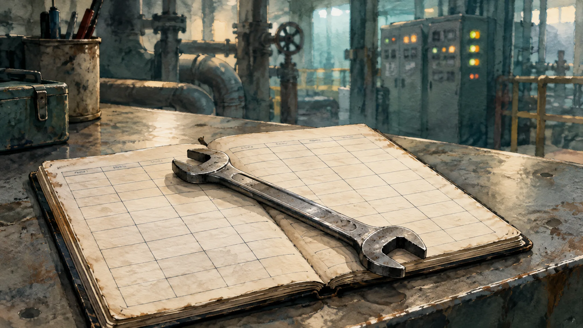 Watercolor and ink illustration of an open ruled notebook with a large steel wrench lying across its pages, on a worn metal workbench in a plant with pipes, a valve wheel and lit control cabinets behind