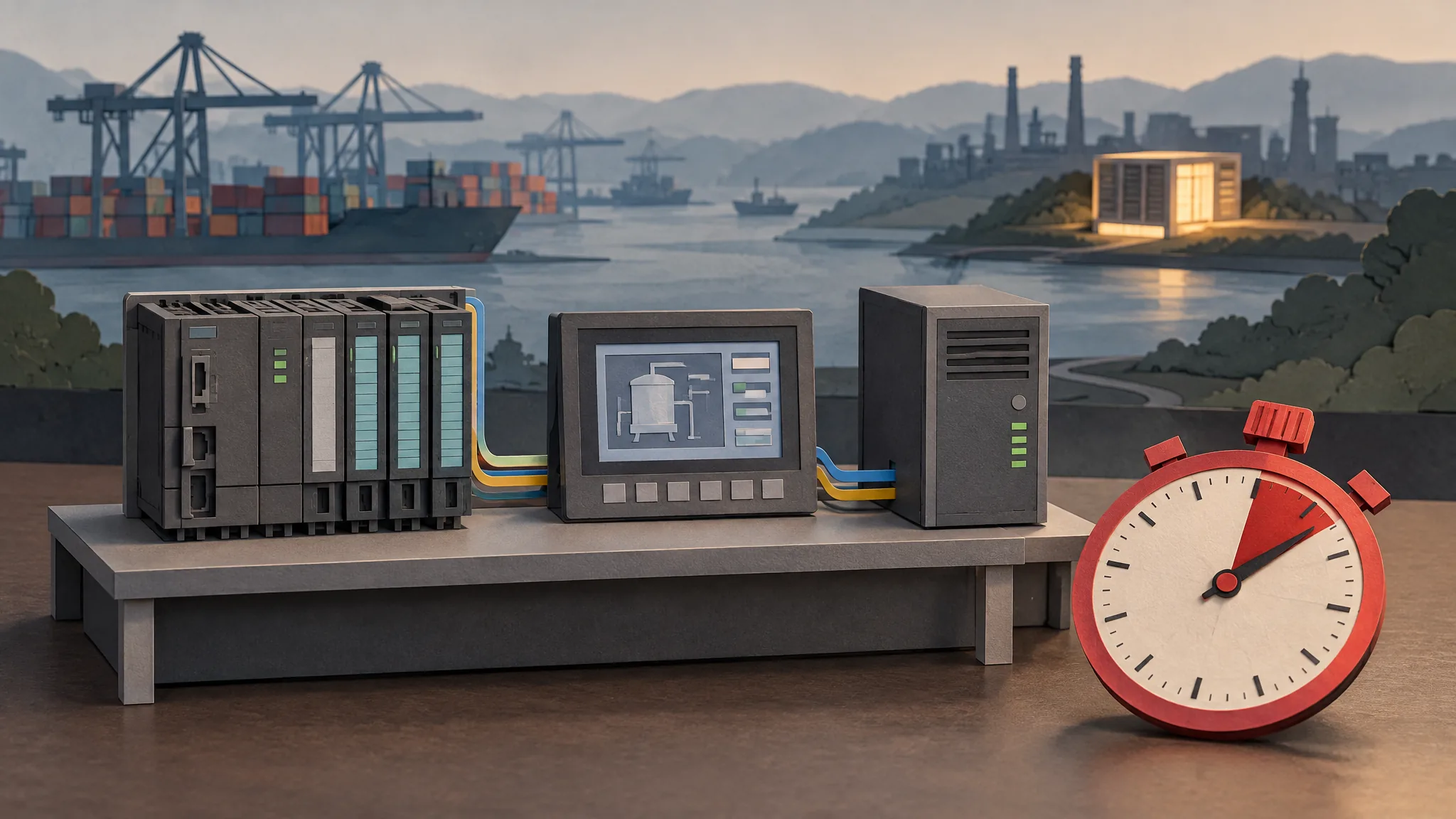 A papercraft test bench with a controller rack, HMI panel and server tower joined by paper cables, beside a large red stopwatch. A port with cranes and container ships is visible behind it.