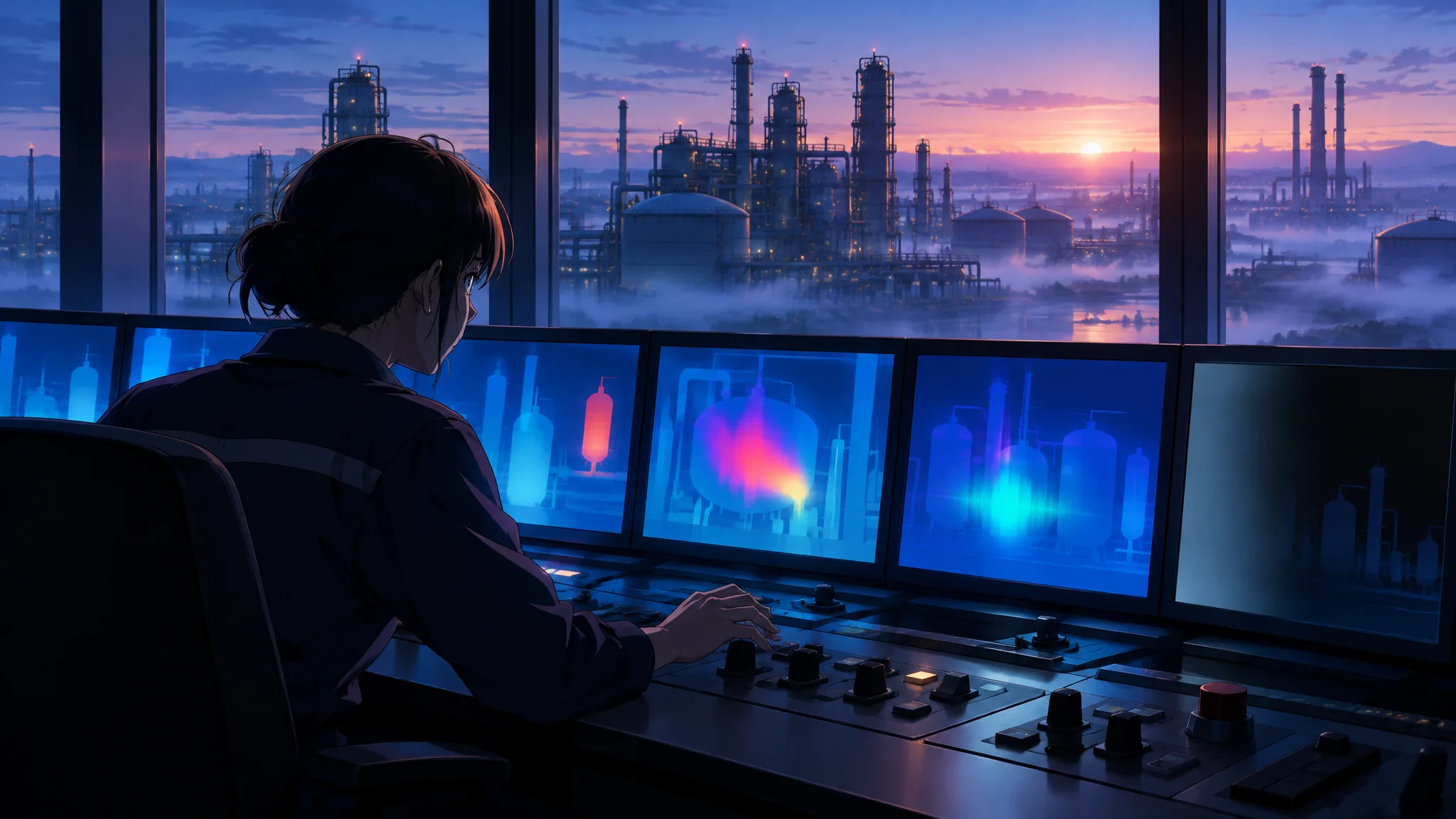 Illustration of a control-room operator at dawn, seen from behind at a long desk. Blue process screens show a red-glowing vessel and one dark screen, with a refinery-like plant visible through the windows.