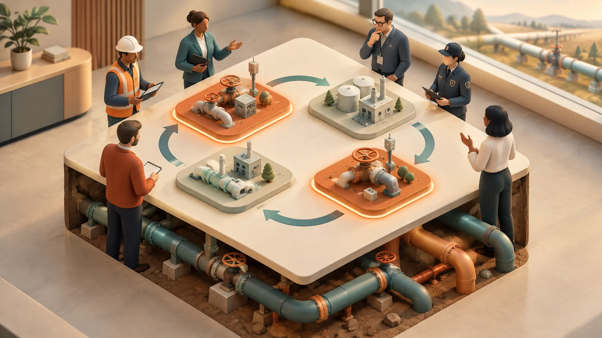 Isometric 3D scene of six people around a planning table with four pipeline station models, two glowing orange and two grey, joined by circular arrows, with buried pipes beneath the table