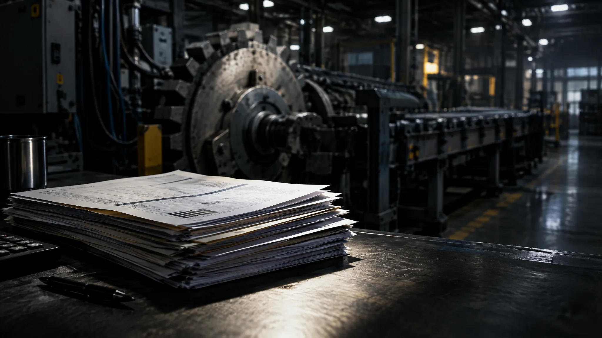 A thick stack of financial papers on a dark metal workbench under a narrow spotlight, beside a pen and a calculator, with a large idle factory gear and an empty production line fading into a dim hall behind