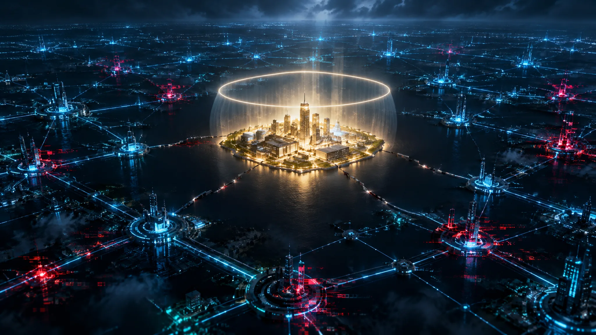 Night-time concept art of a dark network grid of blue and red-flickering nodes, with one small city island at the centre glowing gold under a ring of light, its links to the surrounding grid cut