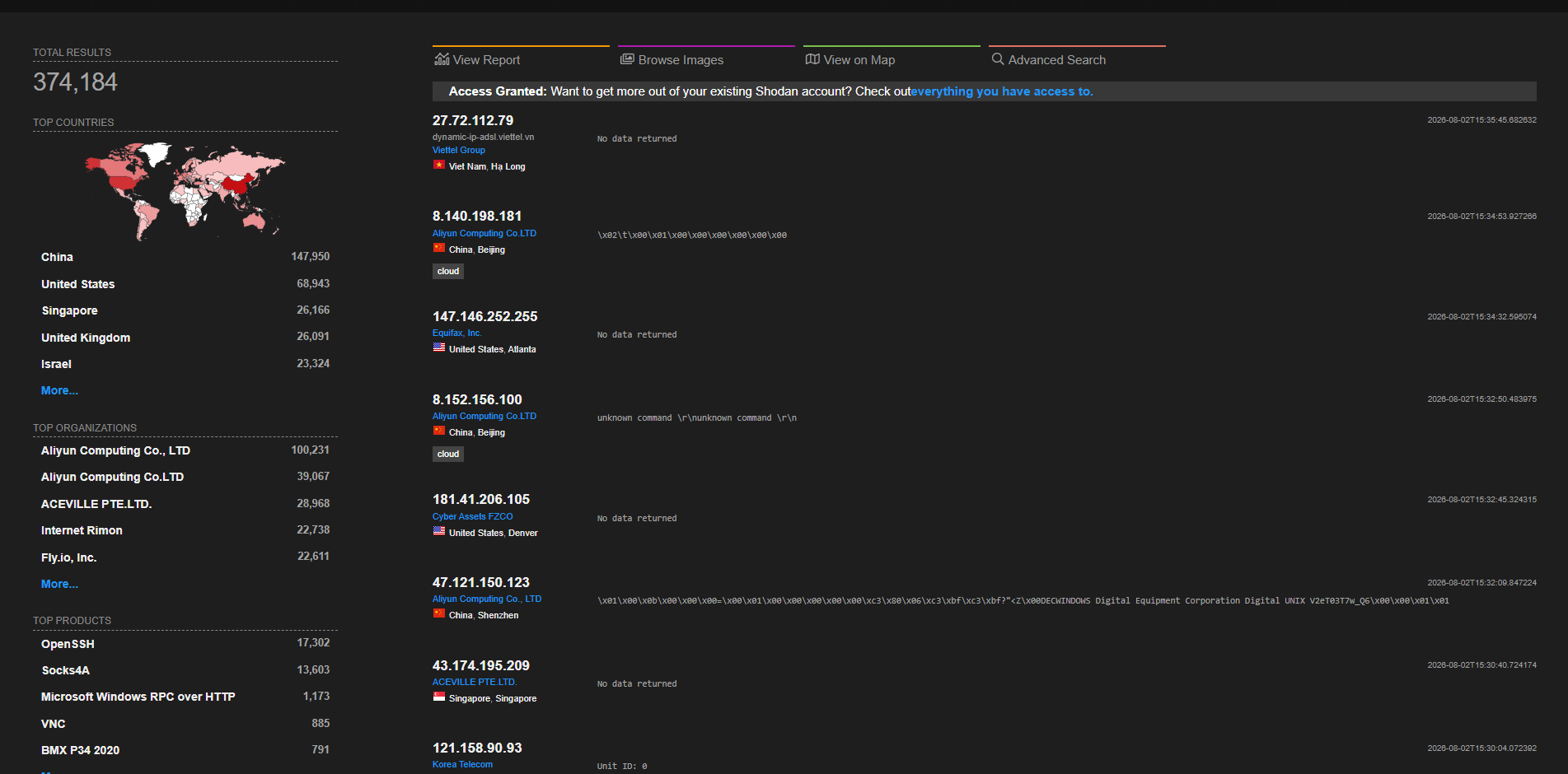 Shodan search results showing thousands of Modbus and DNP3 devices directly accessible from the public internet, with device type, firmware version, and manufacturer visible